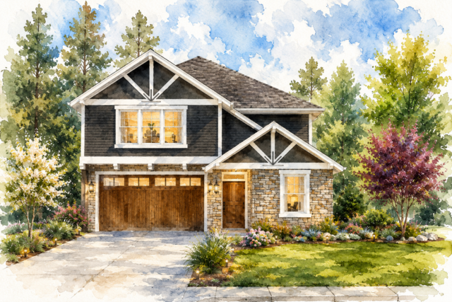 Affordable Modern Heritage House Plan – Timberland – M-2325 THM Front Rendering 