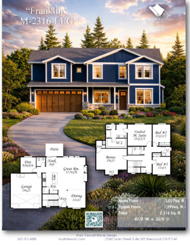 Budget friendly two story home design Franklin M-2316-LEG with bonus room vaulted primary suite and open concept layout