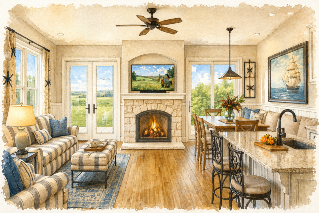 Tiny Lodge House Plan-Montana-M-640 great room 
