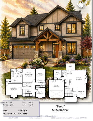 Front elevation of Bend M-2480-MSK Value Engineered House Plan featuring Craftsman architecture, timber-framed porch, stone accents, bonus room, and vaulted primary suite.