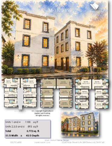 Affordable six-unit multi-family house plan ideal for urban infill, build-to-rent projects, workforce housing, and fee-simple condominium developments.