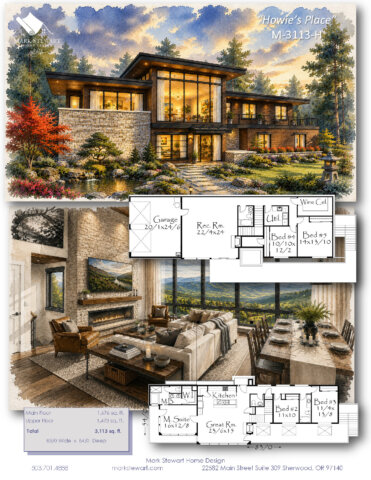 Howie’s Place M-3113-H Modern Down Slope House Plan with panoramic glass, natural stone, warm wood siding, expansive decks, and a luxury walkout level.