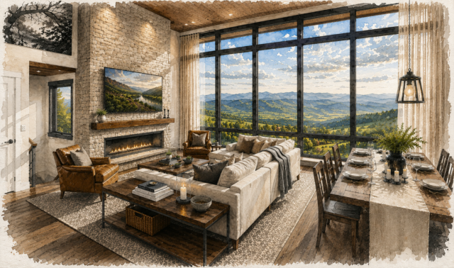 Howie’s Place M-3113-H Modern Down Slope House Plan with panoramic glass, natural stone, warm wood siding, expansive decks, and a luxury walkout level.