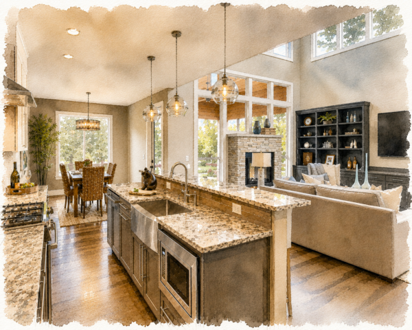 Best Selling Modern House Plan -Modern Ridge- MM-2434-TL Kitchen view to living 