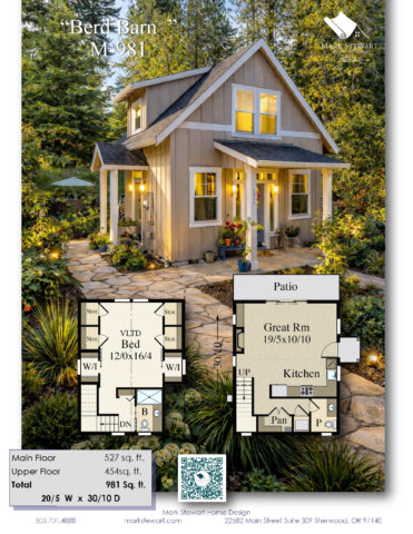 "Berd Barn House Plan M-981 rustic cabin-style version with natural wood siding, pitched roof, and barnhouse charm. Two-story compact home under 1000 square feet with spacious great room, walk-in pantry, vaulted bedroom suite, and efficient layout. Floor plan and interior views included."