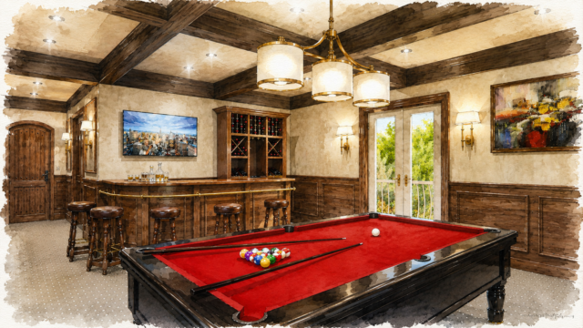 Luxury French Country estate house plan with Quiet Luxury- Modern Heritage styling, detached garage pavilion, resort pool, and dramatic rear outdoor living. Upper floor recreation room