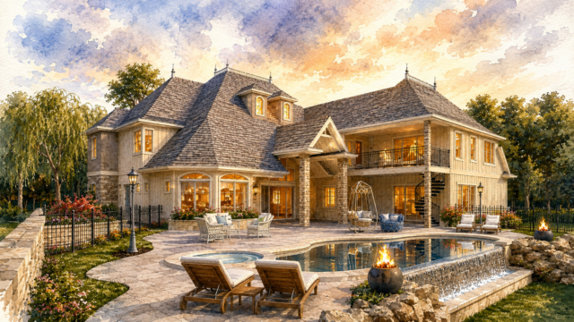Luxury French Country estate house plan with Quiet Luxury- Modern Heritage styling, detached garage pavilion, resort pool, and dramatic rear outdoor living.