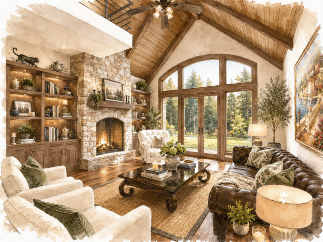 Modern Heritage Storybook House Plan M-2685-A Vaulted Great Room with balcony and High arched windows