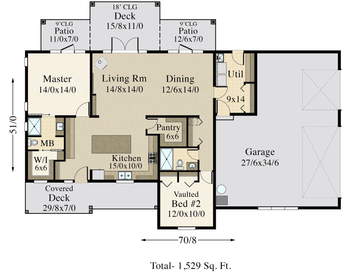 American Dream House Plan | Ranch Barn House Plan with Lofted Ceilings ...