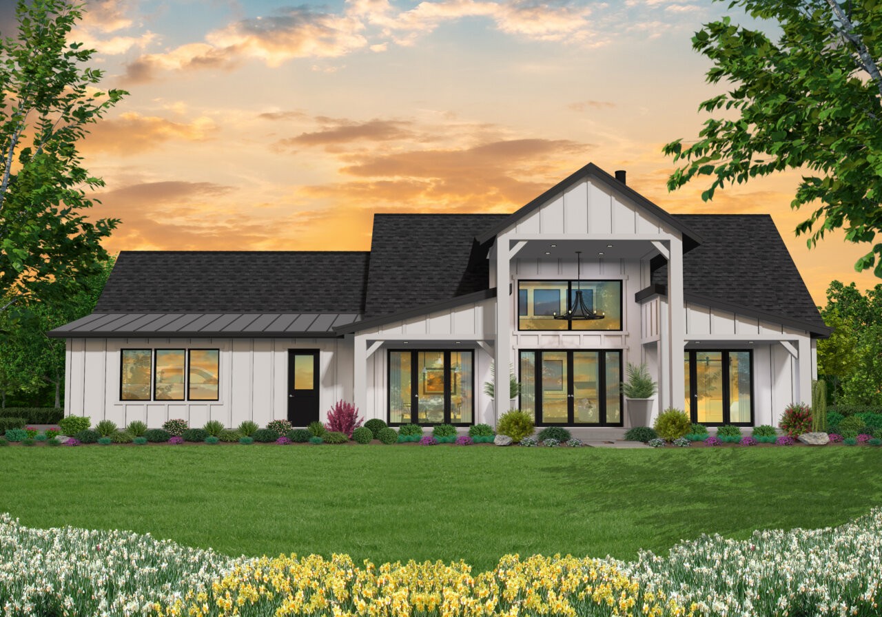 American Dream - Ranch Barn House Plan Lofted Ceilings Huge Garage - Mf 