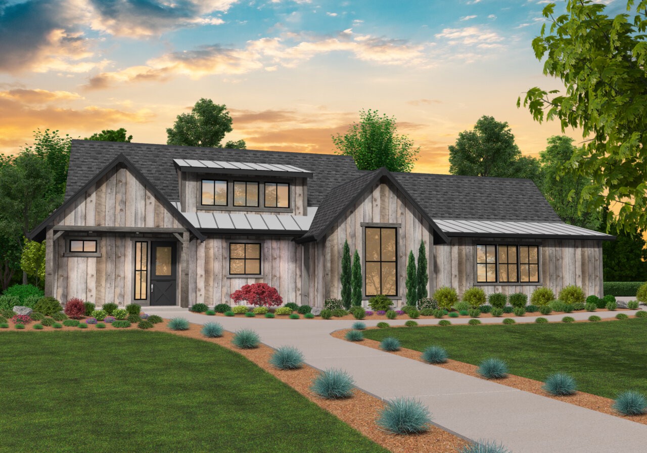 American Dream House Plan | Ranch Barn House Plan with Lofted Ceilings ...