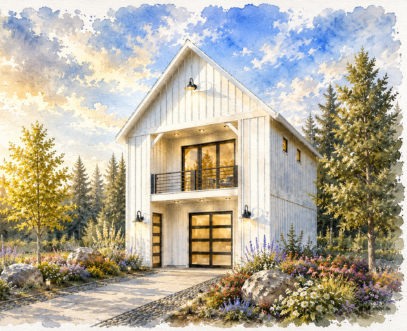 Black Pearl Barn – Rustic Tiny Home 2 Car Garage Deck – MB-615 Front View