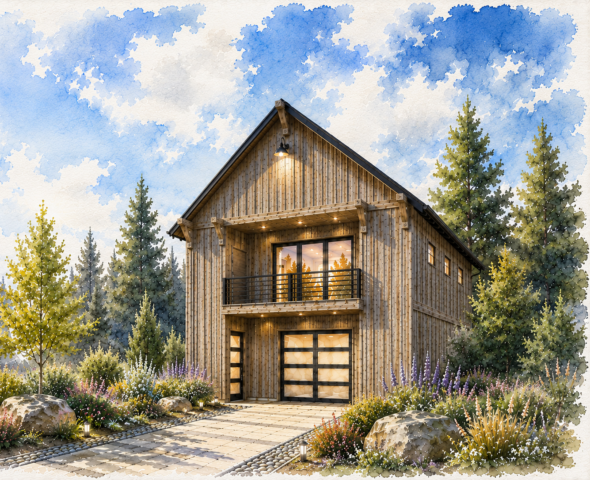 Black Pearl Barn – Rustic Tiny Home 2 Car Garage Deck – MB-615 Front View