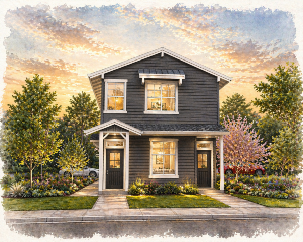 Segal - Narrow single floor living  Duplex for any Neighborhood - M-2694 Front View Watercolor