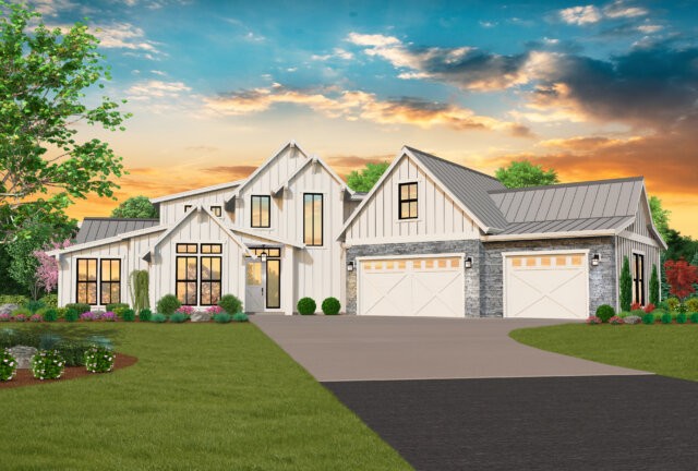 Popular Rustic Farmhouse House Plan Main floor Primary Suite