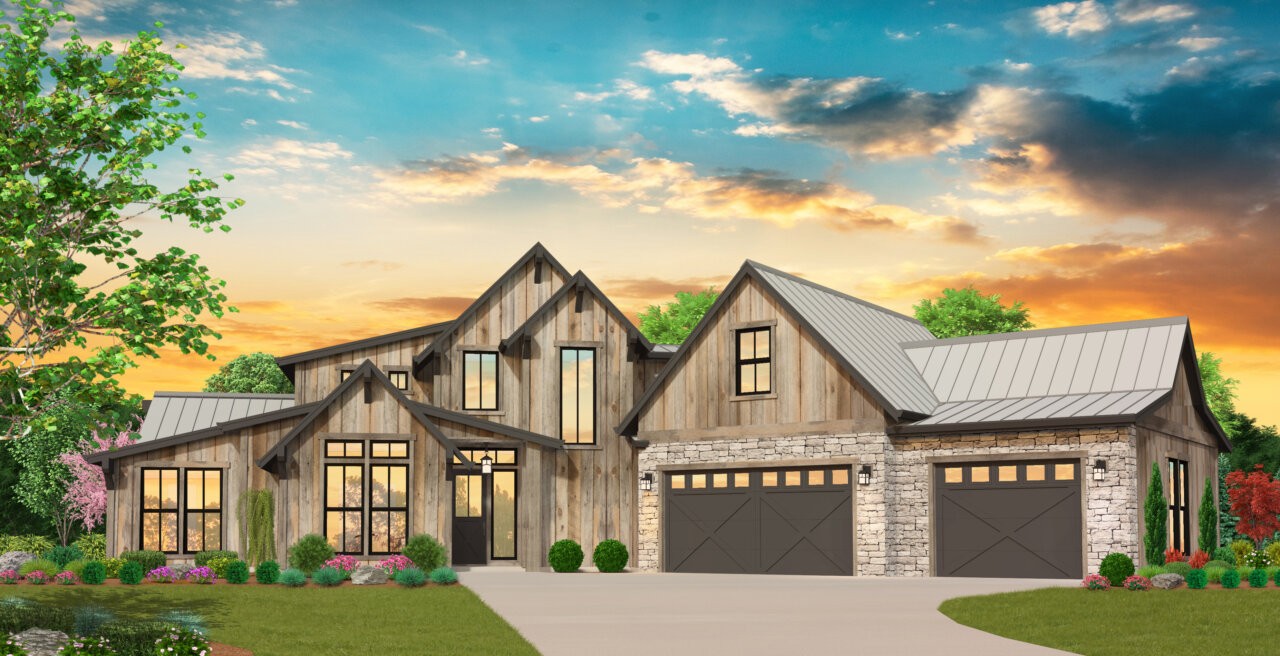 Popular Rustic Farmhouse House Plan Main floor Primary Suite