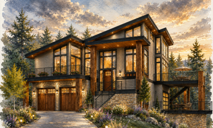 Breathless - Vaulted 2 story Shed Roof House Plan - MM-3344-L Front View WC Dusk