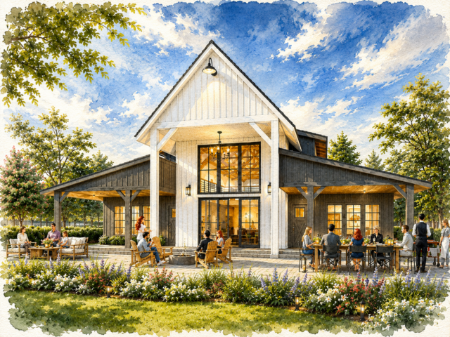 Natural Order - Large Luxury Barn Style  House Plan - MB-5375 Front View watercolor 