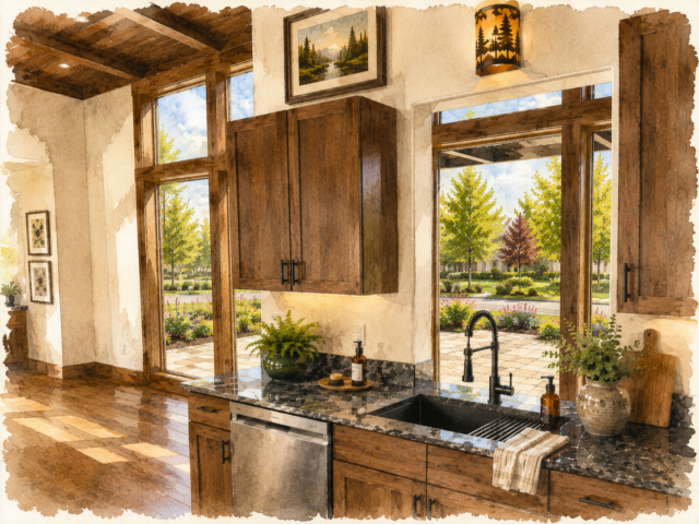 Black Diamond - One Story MCM Modern Home Design - MM-1439 Kitchen Sink and Corridor 
