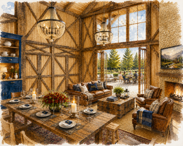 Good and Plenty – Authentic Barn Style Lodge House Plan – Massive Garage – MB-1899 Great Room and Dining Watercolor interior view 