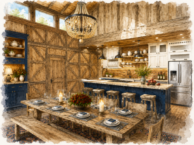 Good and Plenty – Authentic Barn Style Lodge House Plan – Massive Garage – MB-1899 Kitchen and Dining Watercolor view 