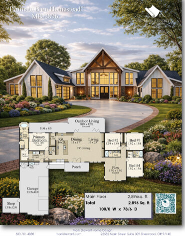 One Story Rustic Family House Plan - Ultimate Barn Homestead - MB-2896 Front View 
