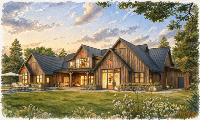 Modern Rustic Barn House Texas Strong MB-4841 with vaulted timber ceilings, expansive open layout, outdoor living, and luxury rustic finishes