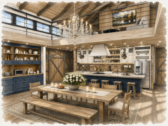Natural Freedom Barn House - Beautiful Best Selling Barn House Plan - MB-3247 Kitchen and Dining Room 