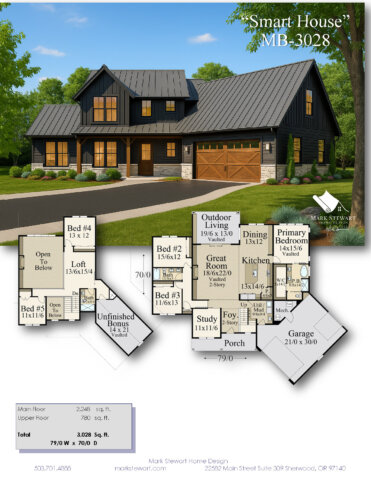 Smart House MB-3028 – 5 Bedroom Family Home exterior showing modern farmhouse design with gable roof and front porch.
