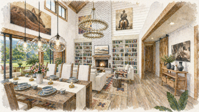 Texas-–-Open-Concept-Ranch-House-plan-Living and Dining Room -House-plan-MB-2316