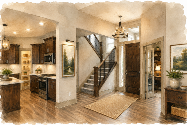 Rustic Country House Plan – Country Charm – X-16-D Foyer Stair and Kitchen