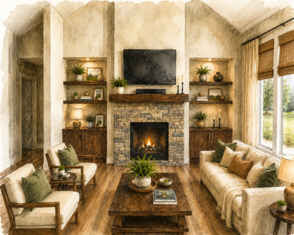 Rustic Country House Plan – Country Charm – X-16-D Great Room