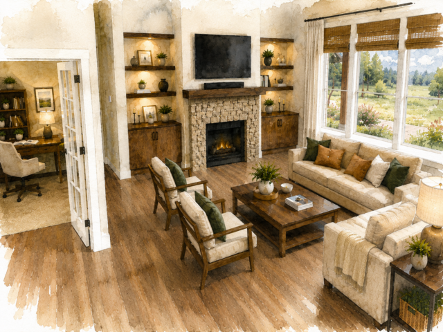 Rustic Country House Plan – Country Charm – X-16-D Great Room Den Open flow