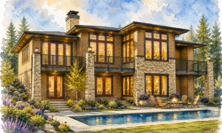 Wallowa – Rustic Modern Luxury House Plan - Wallowa – M-4081-H Rear View