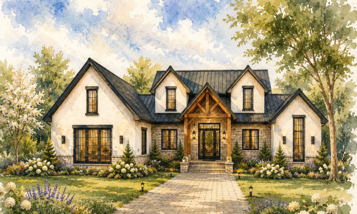 Modern Heritage Ranch House Plan - Windemere - M-2316-ST Front Watercolor