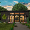 Modern Tiny House Plan with vaulted ceilings, transom windows, and glass front doors under a single-slope shed roof.