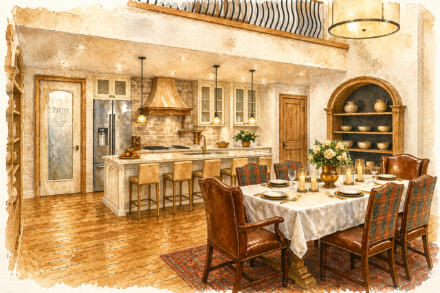Beautiful Modern Storybook Home Design M-2760-ST Kitchen and Dining 