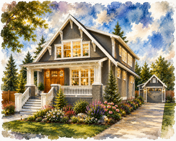 Bungalow 3 bedroom loft- big porch - Sears Family - M-2405-CRD Front View Watercolor