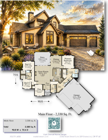 Rustic Best Selling 1 Story House Plan -Braun-MF-2330 Front rendering and floor plan 