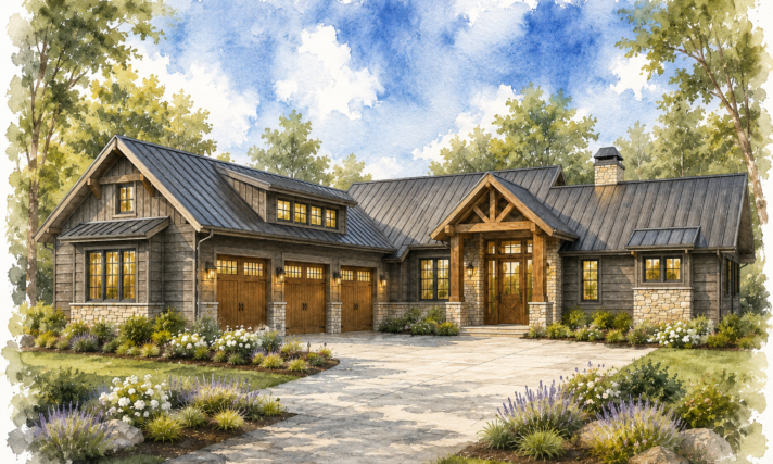 Most Popular Lodge Style Ranch House Plan -Adirondack - MB-2597 Front View