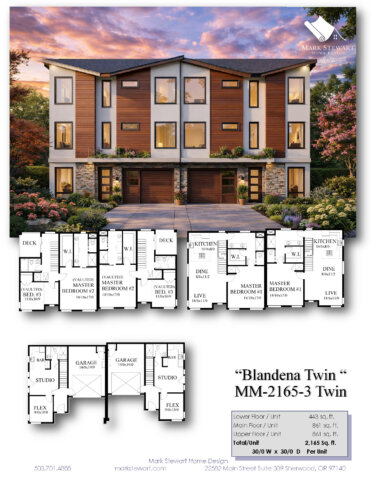 Modern Family Duplex Blandena Twin MM-2165-3 featuring garages, modern exterior styling, private decks, vaulted bedrooms, and flexible studio space.