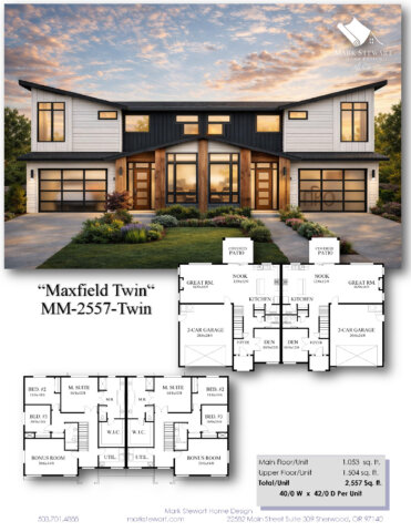 MCM Duplex house plan Maxfield Twin featuring a symmetrical Mid-Century Modern façade with large windows and side-by-side garages.