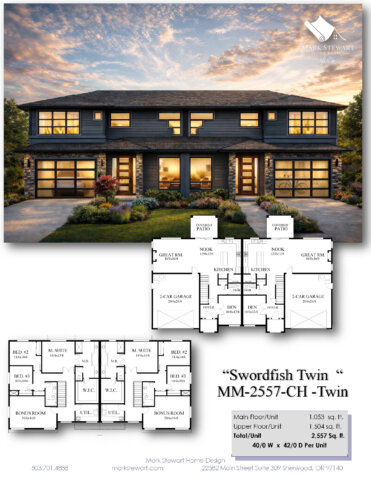 Modern Duplex house plan with 2,557 sq. ft. per unit, side-by-side living, open-concept design, bonus rooms, and private garages