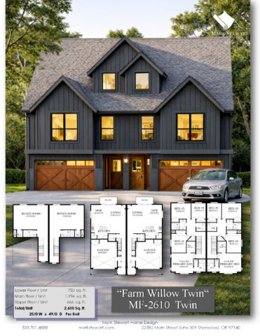 Modern Rustic Duplex Farm Willow Twin MF-2610 featuring two units with garages, bonus rooms, steep gable rooflines, private patios, and upscale modern farmhouse curb appeal.