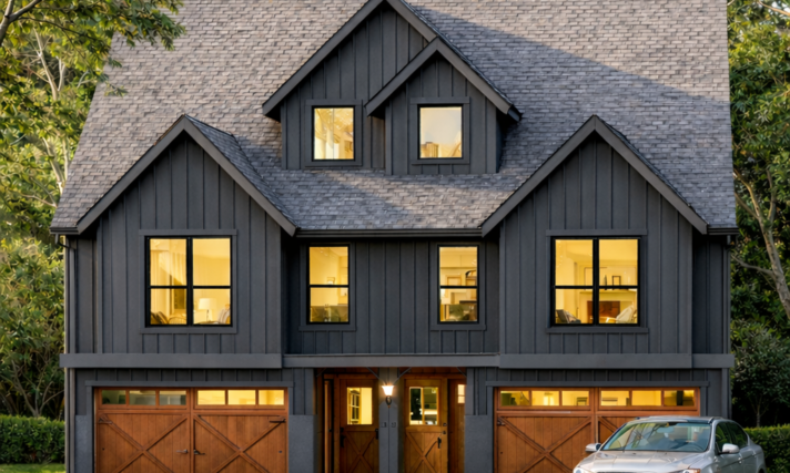 Modern Rustic Duplex Farm Willow Twin MF-2610 featuring two units with garages, bonus rooms, steep gable rooflines, private patios, and upscale modern farmhouse curb appeal.