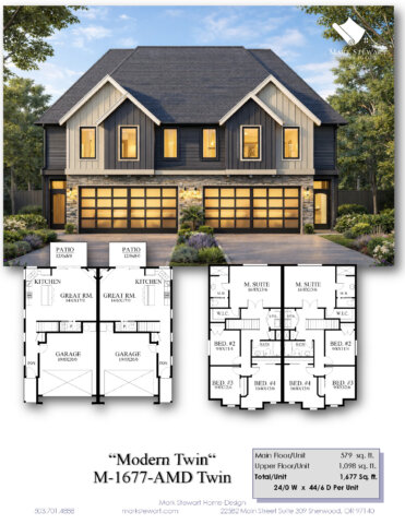 Modern Duplex House Plan Modern Twin M-1677-AMD Twin featuring two mirrored 4-bedroom units, steep roofline, garages, and modern farmhouse exterior styling.
