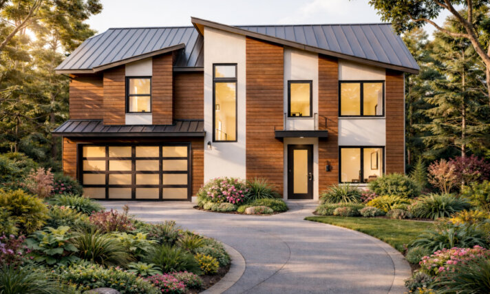 Modern Value MM-2982 Affordable Modern Two Story House Plan front exterior with angled rooflines warm wood siding and large windows