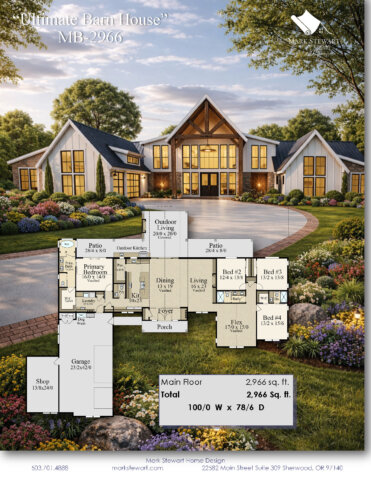 Modern Luxury Barn House Plan - Ultimate Barn Homestead - MB-2966 Front View with floor plan 