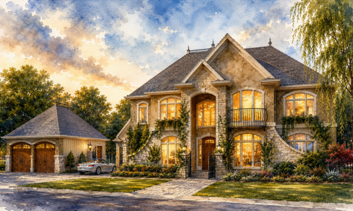 Luxury French Country estate house plan with Quiet Luxury- Modern Heritage styling, detached garage pavilion, resort pool, and dramatic rear outdoor living.