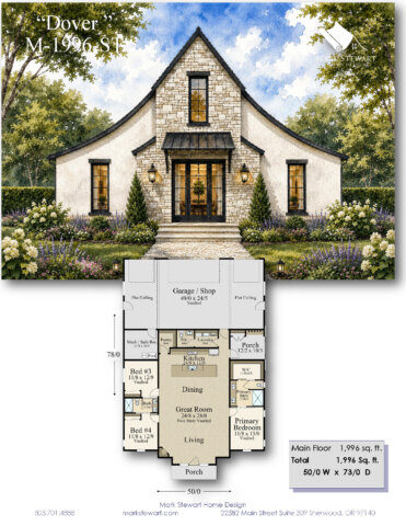 Front exterior rendering and floor plan of Dover M-1996-ST Modern Cotswold Luxury Home Design featuring curved rooflines stone detailing vaulted spaces and warm interior lighting.